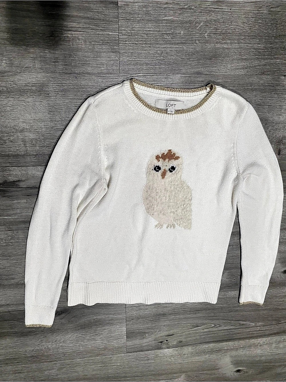 LOFT Owl Graphic Crewneck Sweater White Medium